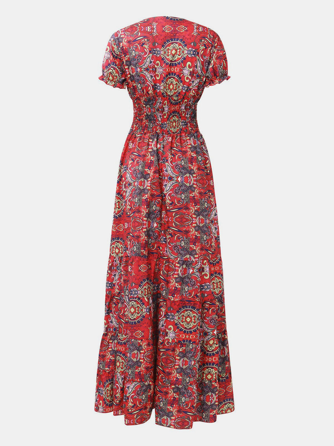 Full Size Smocked Printed V-Neck Short Sleeve Dress Full Size Smocked Printed V-Neck Short Sleeve Dress